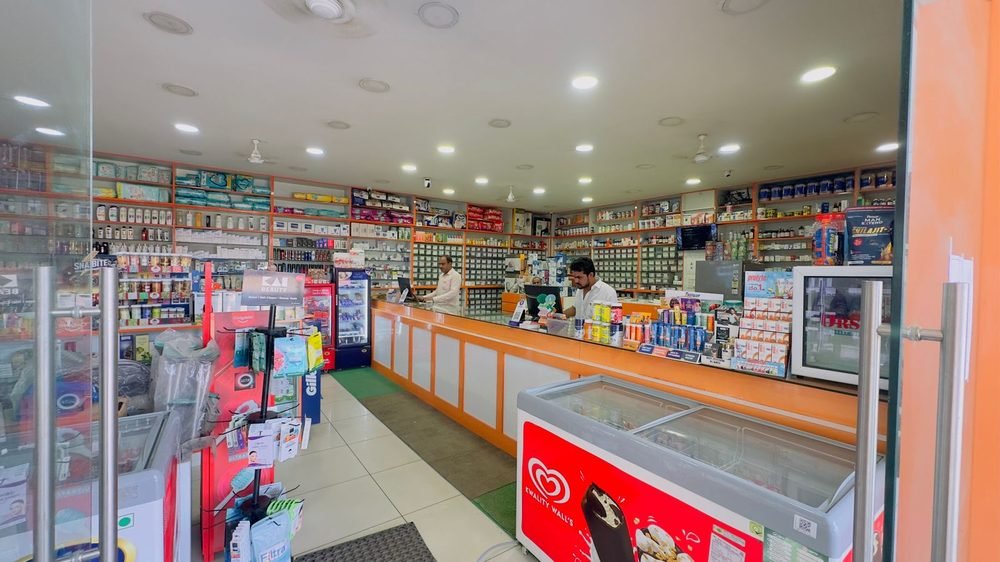 Inside a Ramdev Medical store with fully stocked shelves