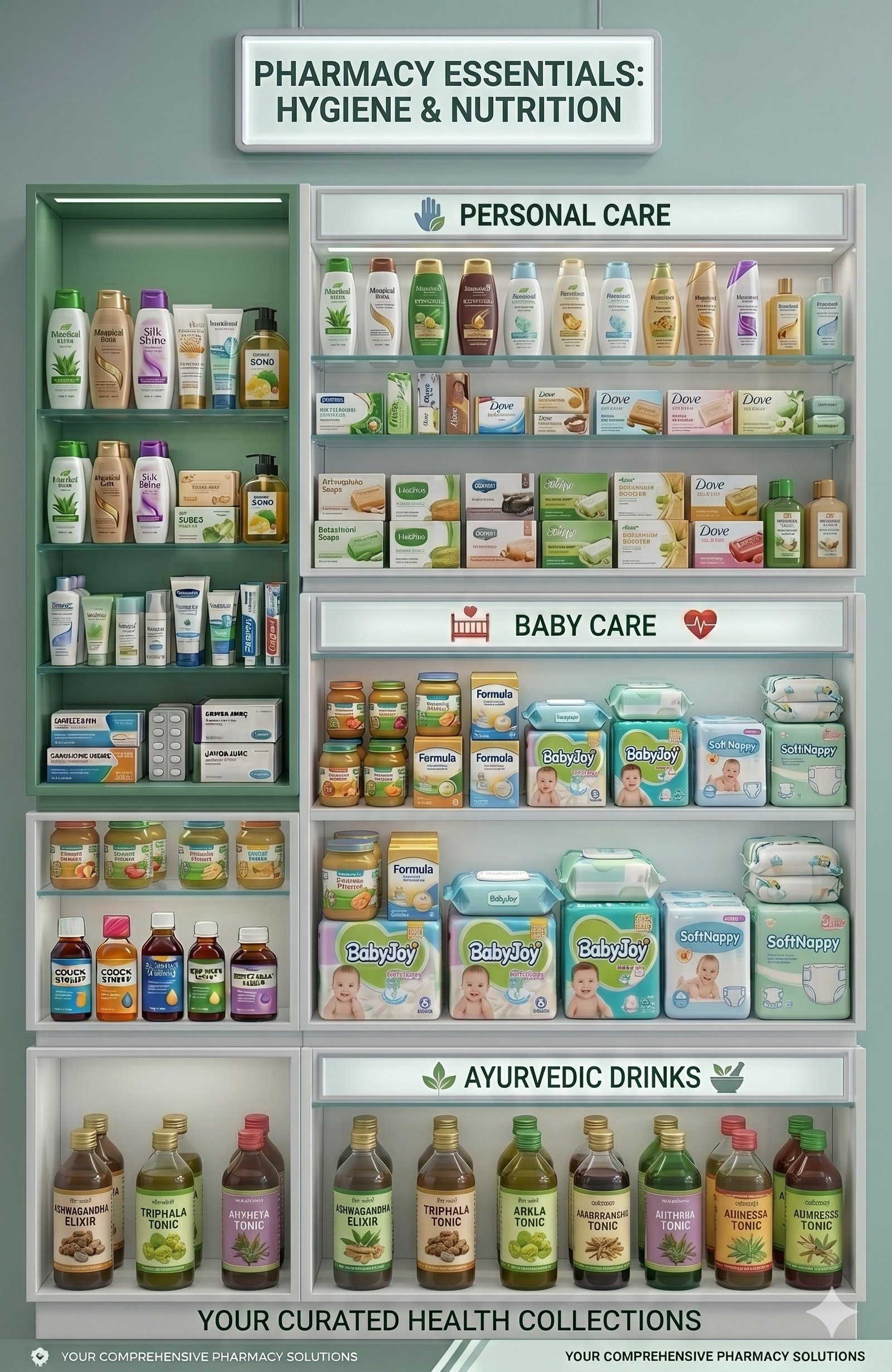 Hygiene & nutrition at Ramdev Medical — personal care, baby care, and ayurvedic drinks